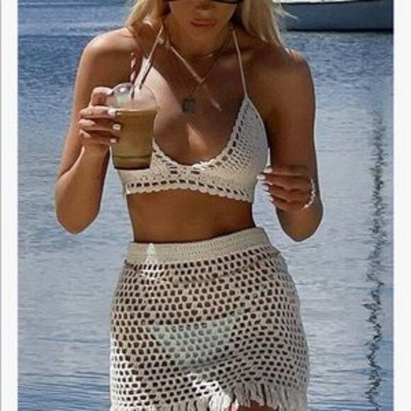 New Crochet Knit 2 Piece Swimsuit Bikini Cover Up Set - Picture 2 of 6
